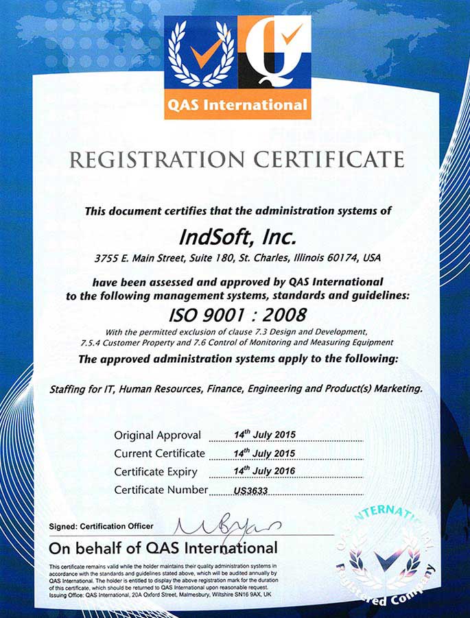 IndSoft ISO Certificate